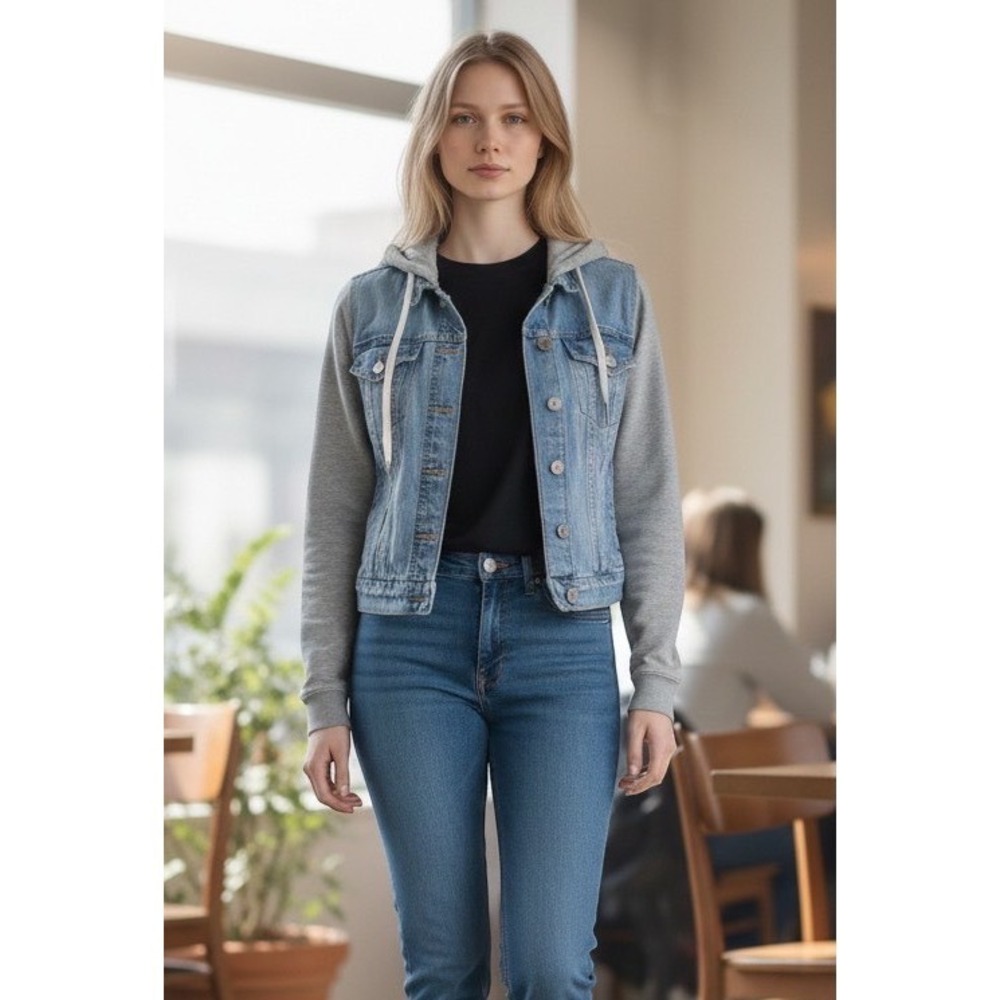 Garage Denim Jacket Classic Fit Blue Gray Hooded Streetwear Womens 90s Style S‎